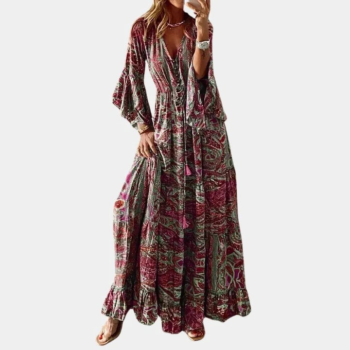 Women's boho full-length loose flowing dress with relaxed drape for casual to semi-formal wear