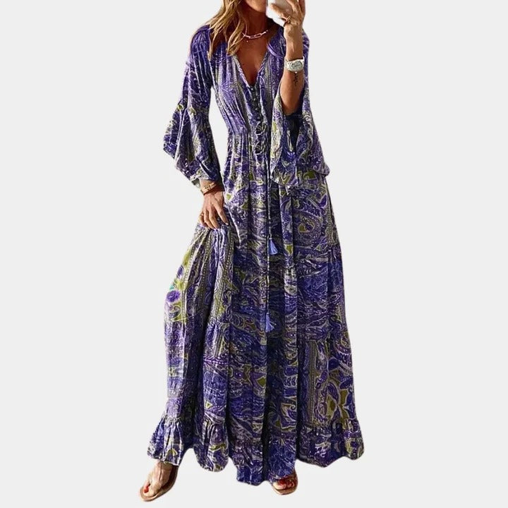 Women's boho full-length loose flowing dress with relaxed silhouette for casual to semi-formal wear