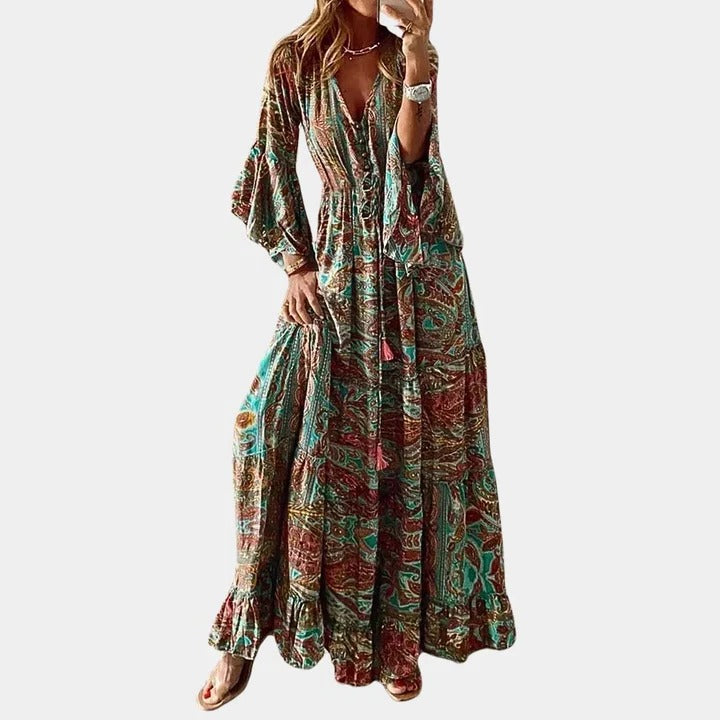 Women's boho full-length loose flowing dress in relaxed silhouette with effortless drape