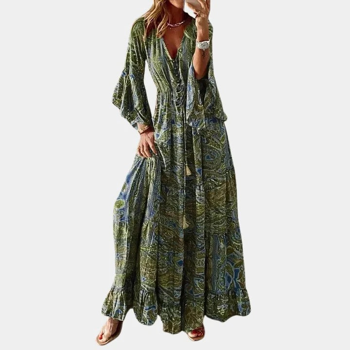 Women's boho full-length loose flowing dress with relaxed drape for casual to semi-formal wear