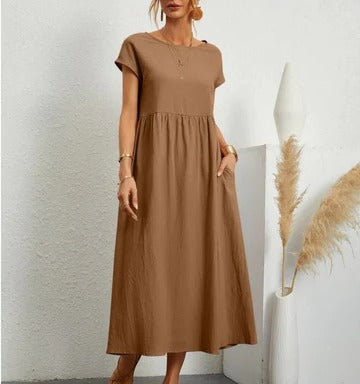 Women's elegant maxi summer dress in fluid A-line silhouette, breathable full-length style for refined everyday wear