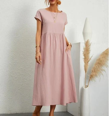 Women's elegant maxi summer dress in fluid A-line cut, breathable full-length silhouette for effortless style