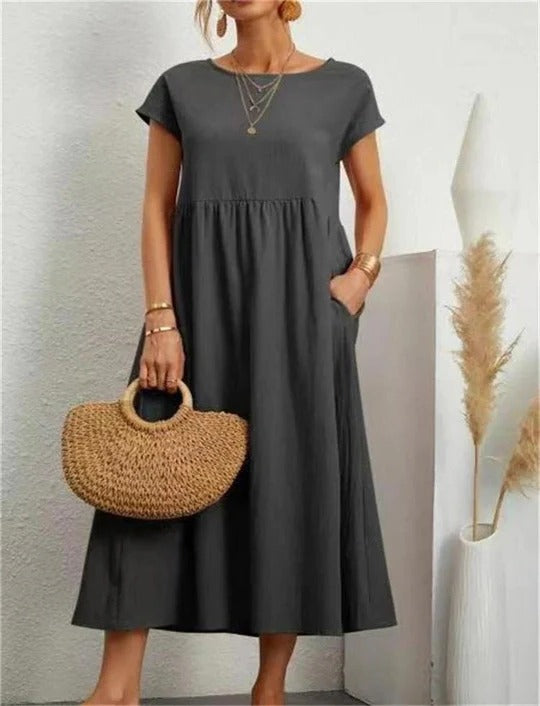Women's elegant maxi summer dress in fluid A-line silhouette, breathable fabric for refined all-day style