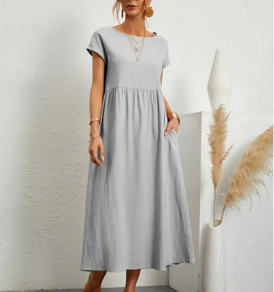Women's elegant maxi summer dress in fluid A-line silhouette, breathable full-length style for refined everyday wear