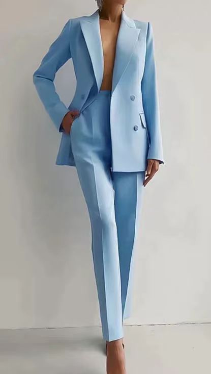 Red double-breasted peaked lapel blazer and slim pants suit set for women, sharp tailored fit