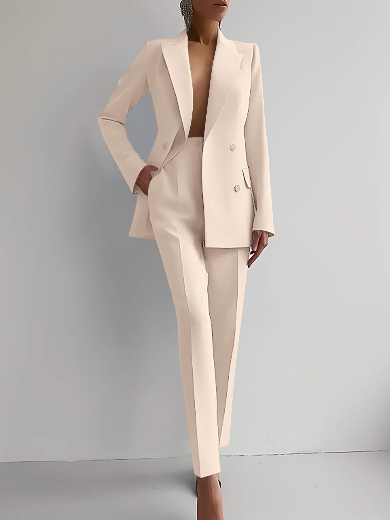 Red double-breasted peaked lapel blazer and slim pants suit set for women, bold tailored fit