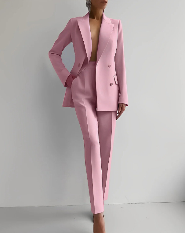 Red double-breasted peaked lapel blazer and slim pants suit set for women, bold tailored fit