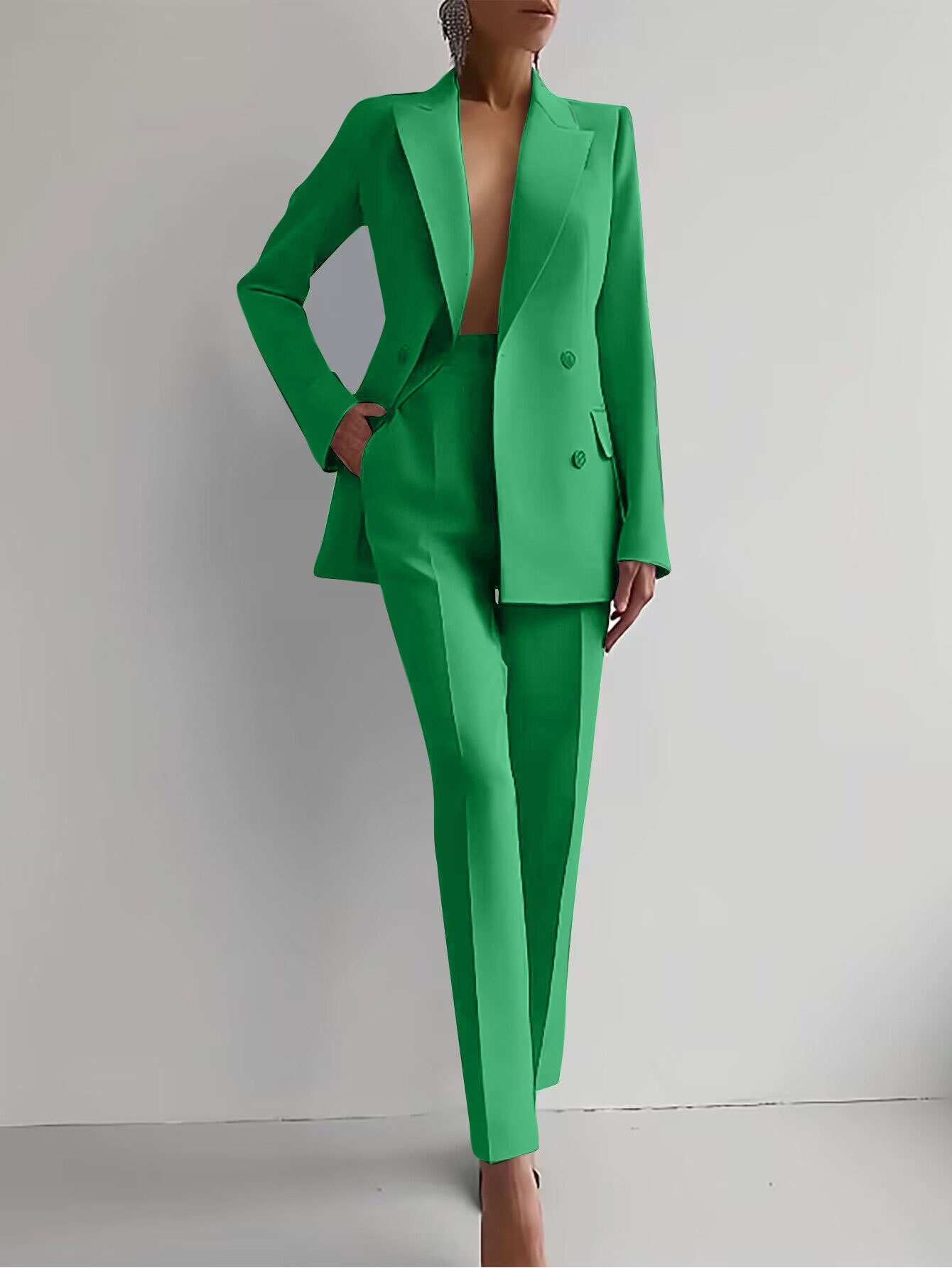 Red double-breasted peaked lapel blazer and slim pants suit set for women, sharp tailored fit