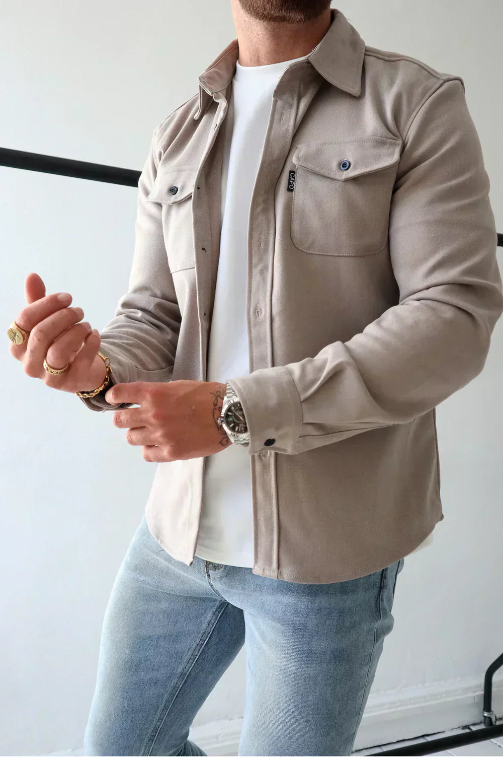 Men's relaxed fit cotton overshirt long sleeve button front layering piece in neutral tone
