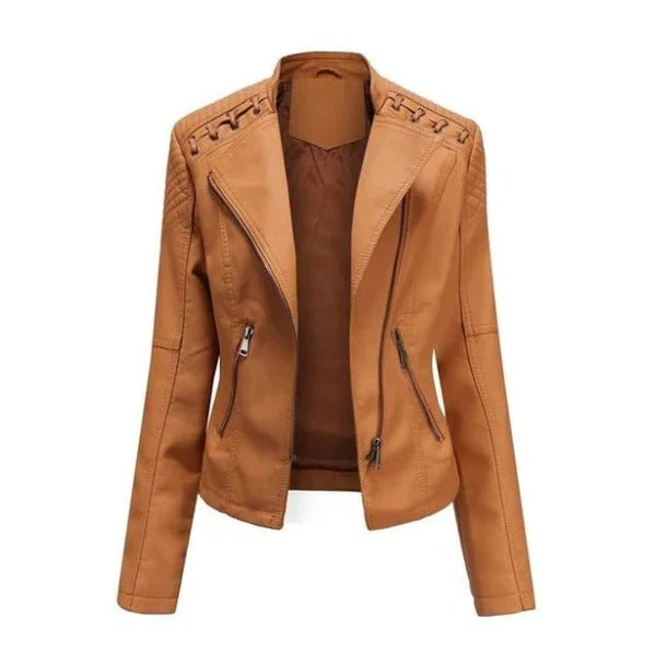 Women's brown vintage leather jacket tailored slim fit with structured silhouette for everyday chic