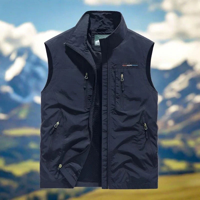 Men's lightweight windproof sleeveless vest in neutral tone, regular fit with multiple pockets for hiking