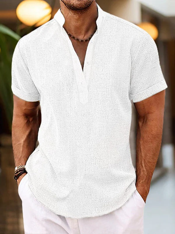 Wavlynn men's short sleeve Henley shirt relaxed fit button placket mandarin collar casual top