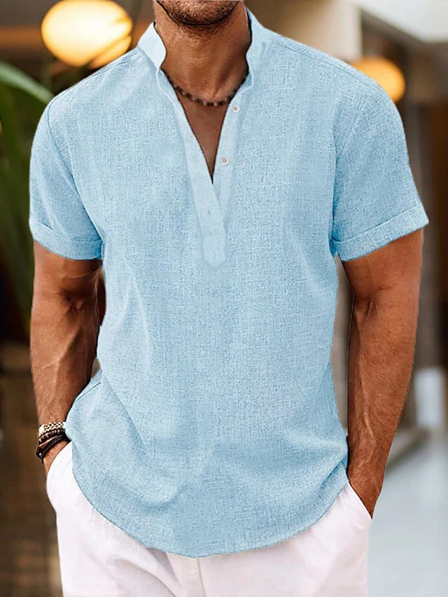 Wavlynn men's short sleeve Henley shirt with mandarin collar and button placket for casual wear