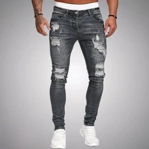Men's slim fit ripped jeans distressed denim casual everyday wear modern edge versatile styling