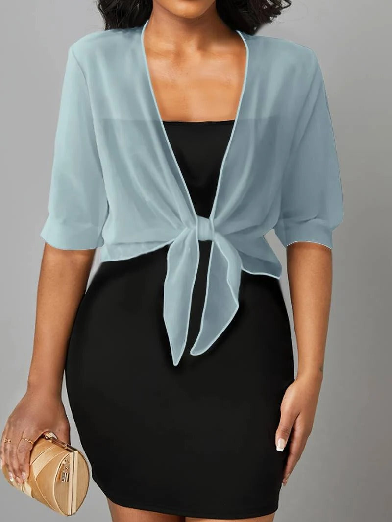Women's sheer open-front blouse with tie hem knot and 3/4 sleeves, lightweight breezy spring top