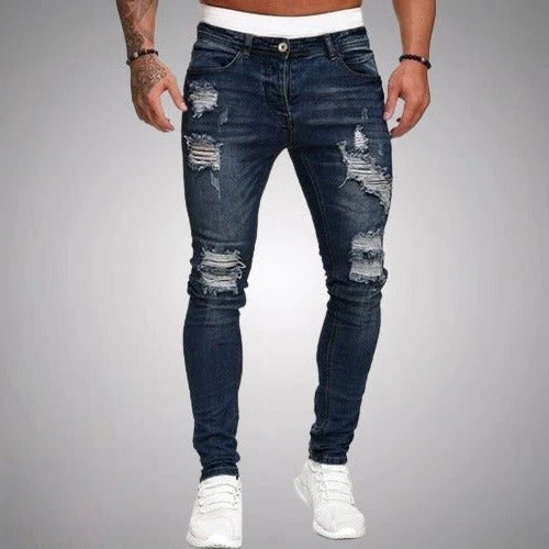Men's slim fit ripped jeans distressed denim casual streetwear with tailored cut for everyday wear