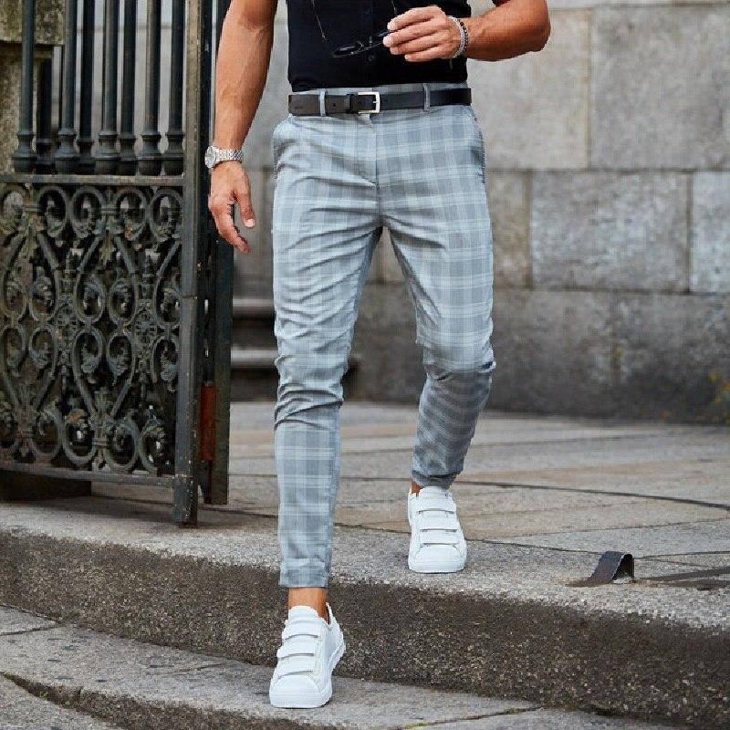 Men's blue checked trousers modern plaid slim fit versatile casual semi-formal style