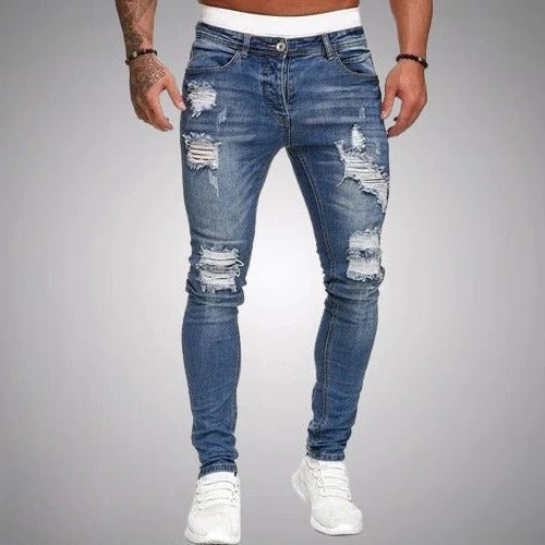 Men's slim fit ripped jeans distressed denim casual everyday wear modern edge versatile styling