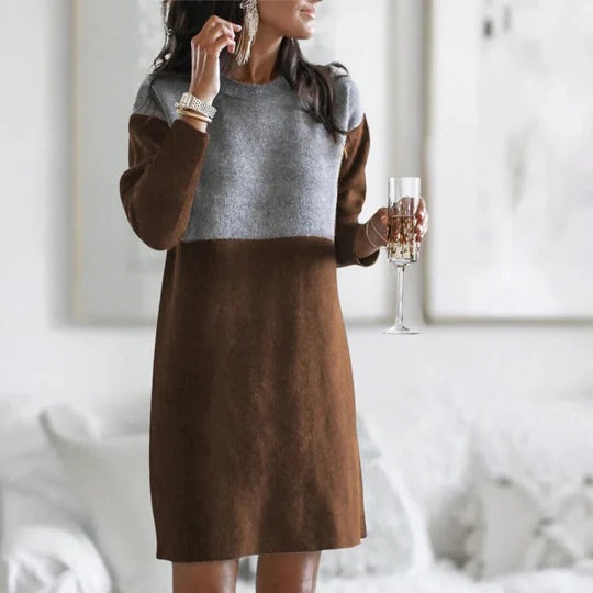 Women's winter dress loose-fit full-length long sleeve relaxed silhouette in warm neutral tone