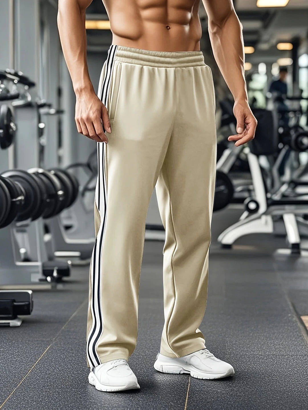 Men's black athletic track pants with adjustable drawstring waist, lightweight breathable fabric for gym