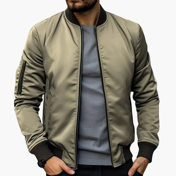 Men's slim fit bomber jacket with lined interior, modern silhouette for transitional seasons