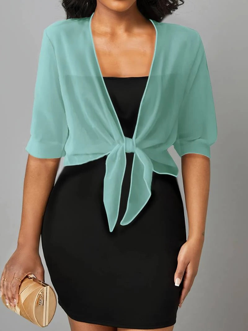 Women's sheer open-front blouse with tie hem and 3/4 sleeves, lightweight spring layering top