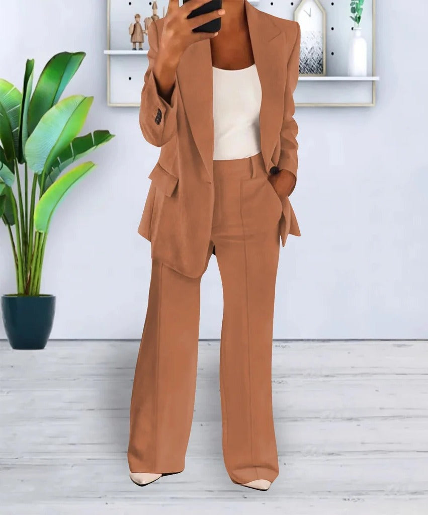 Women's two-piece suit set regular fit structured top matching trousers versatile coordinated look