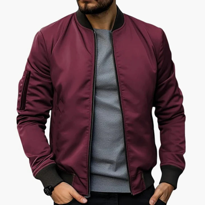 Men's slim fit bomber jacket with lined interior, modern silhouette for transitional season style