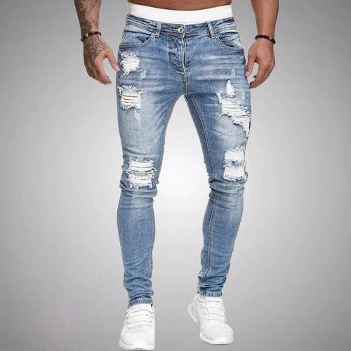 Men's slim fit ripped jeans distressed denim casual wear modern edge everyday styling versatile