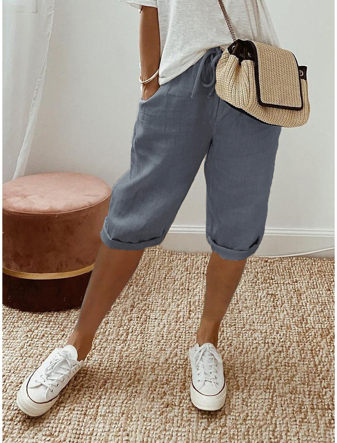 Women's relaxed capri pants with stretchable waistband, lightweight mid-calf cut for summer ease