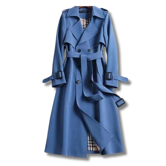 Beige long trench coat with adjustable waist belt, structured cut for cold weather daily wear