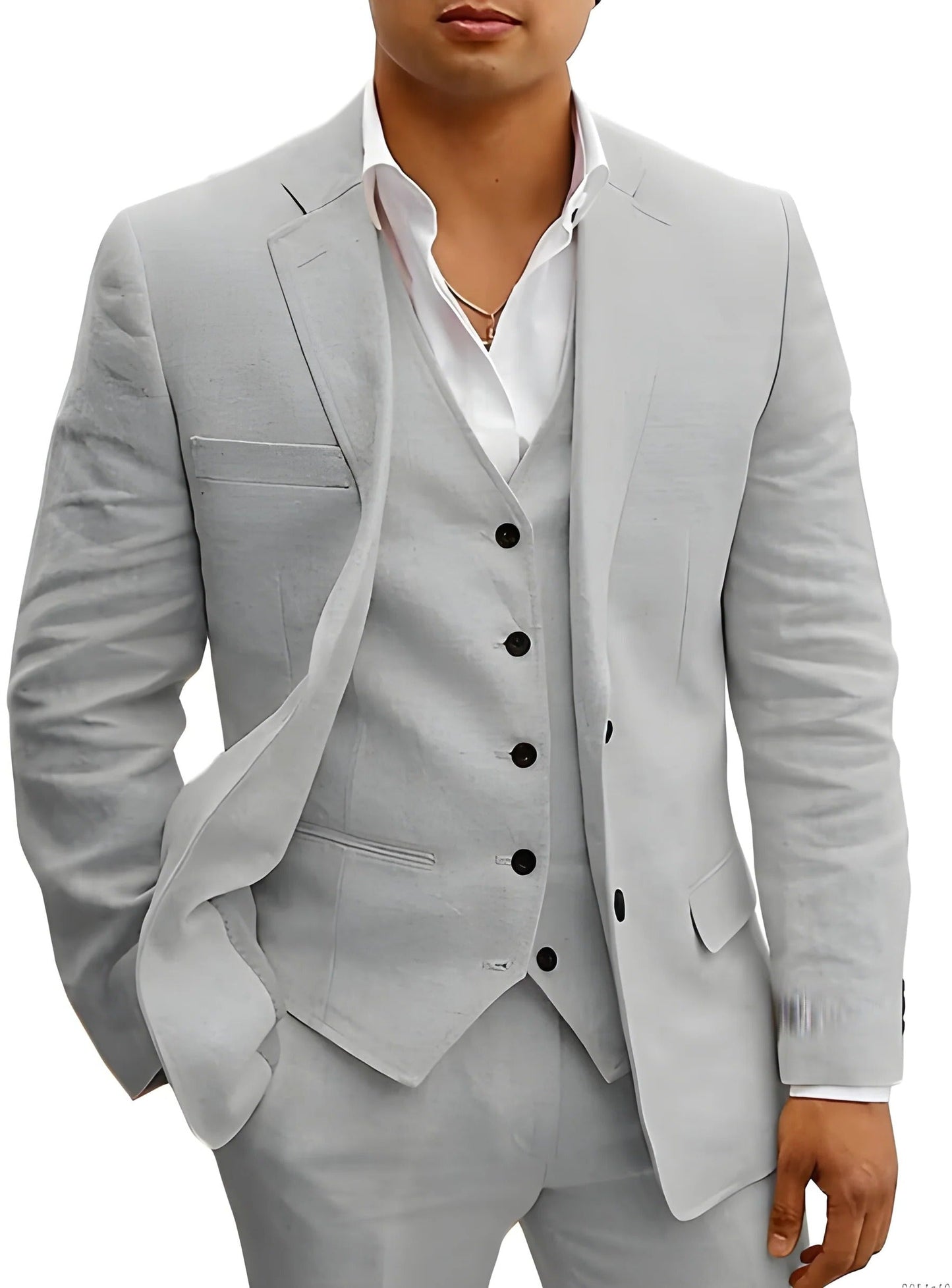 Men's lightweight 3-piece summer suit set in neutral tones, tailored slim fit for beach weddings