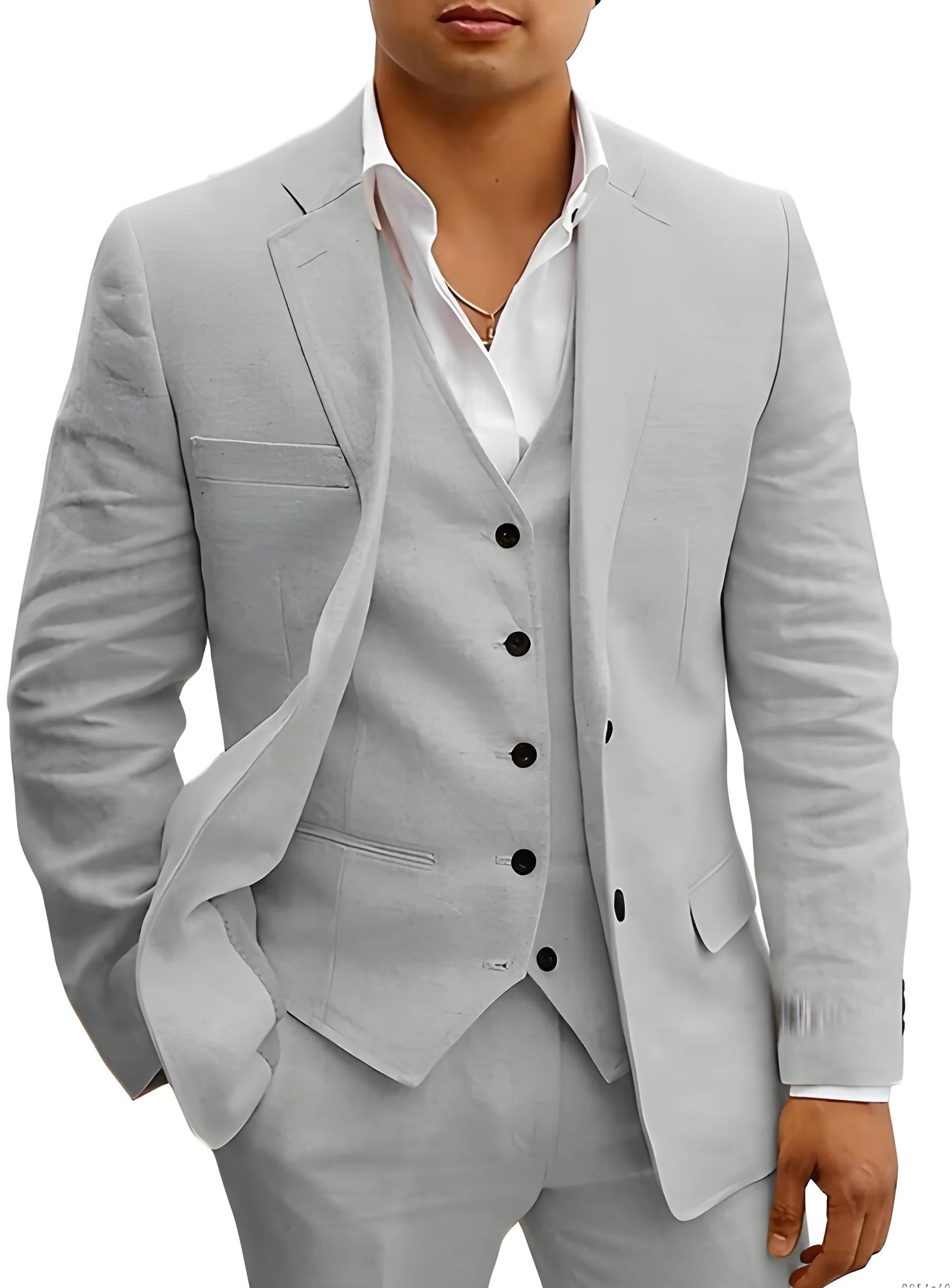 Men's lightweight 3-piece summer suit set in neutral tones, tailored slim fit for beach weddings