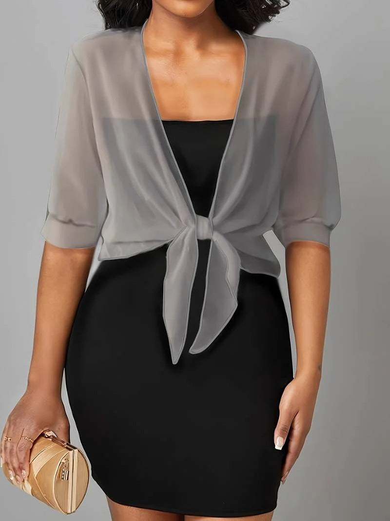 Women's sheer open-front blouse with tie hem and 3/4 sleeves, lightweight breezy spring layering top