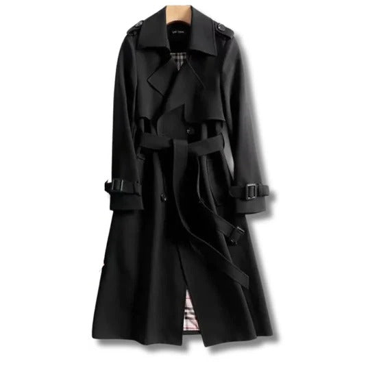 Beige long classic trench coat with adjustable waist belt, structured cut for cold weather