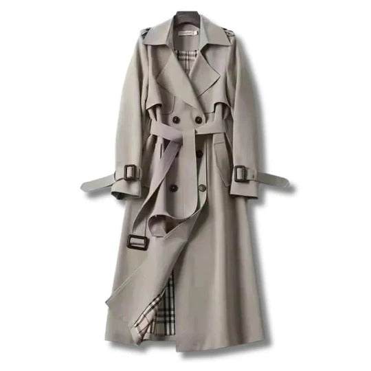 Classic beige long trench coat with adjustable waist belt, structured cut for cold weather