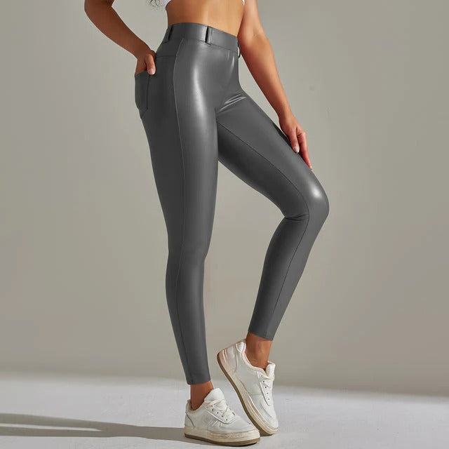 High-waist shiny leggings for women, sleek fitted silhouette with glossy stretch fabric