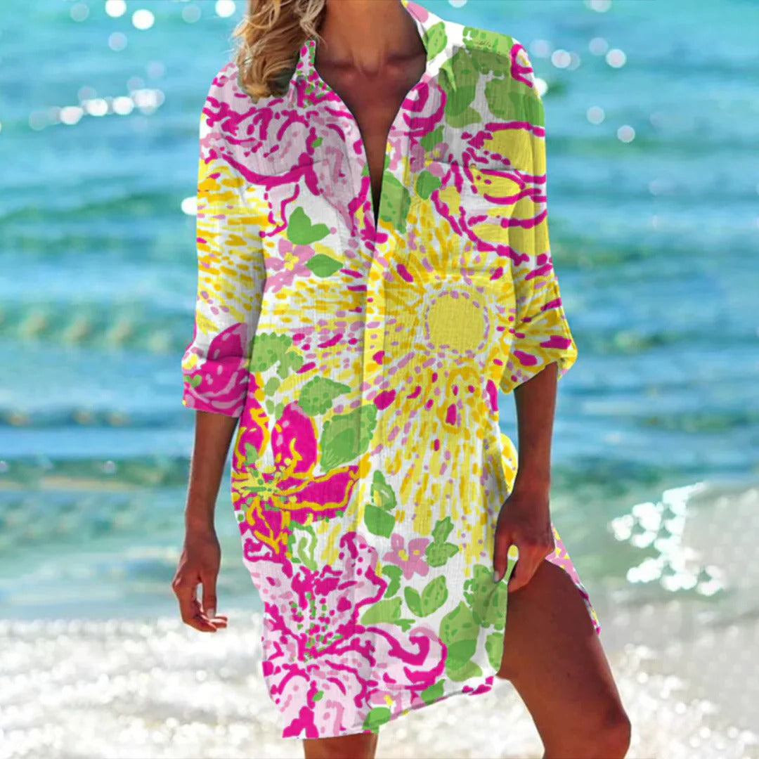 Women's tropical print shirt dress 3/4 sleeve coral botanical watercolor beach cover-up relaxed fit