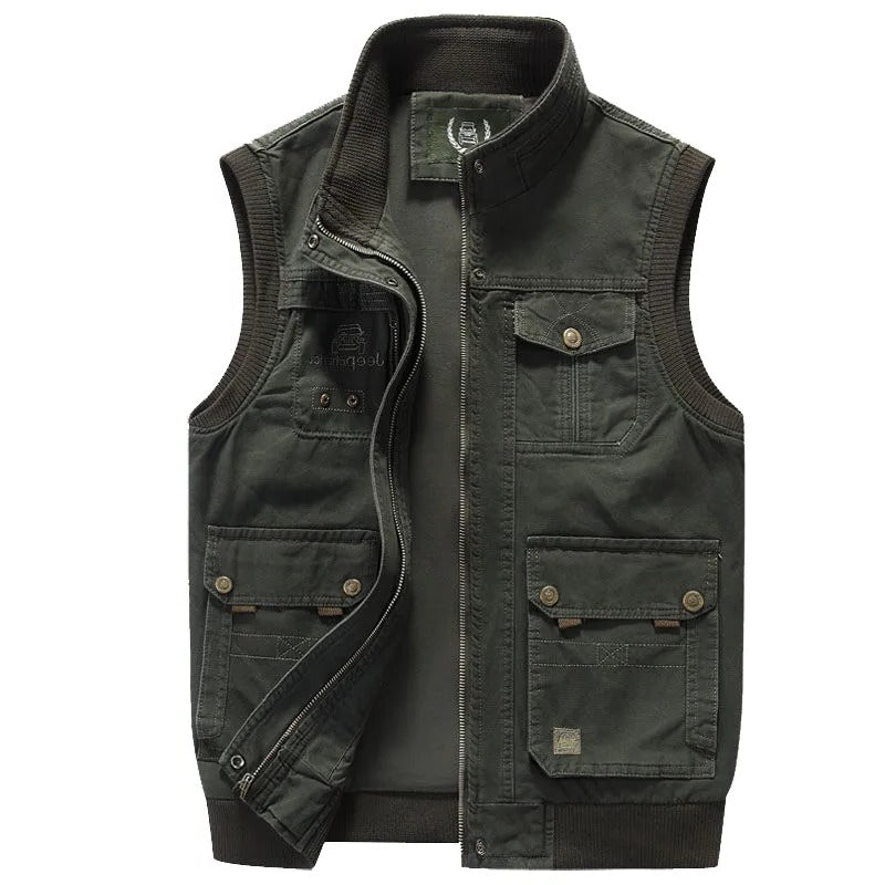 Men's vintage utility vest with multiple pockets, sleeveless rugged outdoor layering style