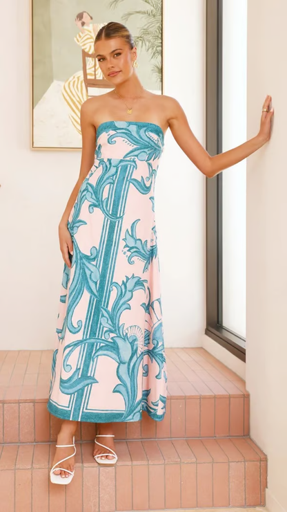 Women's vintage-inspired printed wedding guest dress with flattering modern silhouette and graceful drape