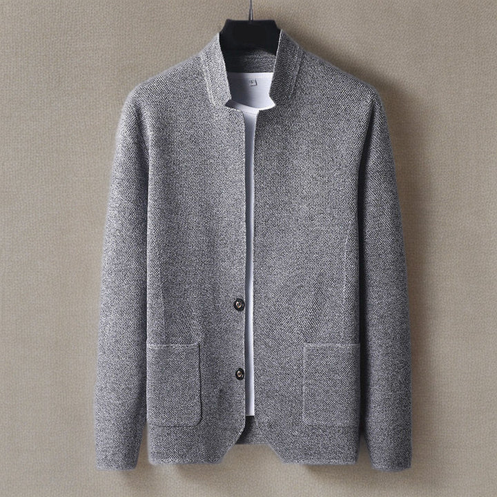 Men's gray cashmere knit slim cardigan with stand collar and deep pockets for refined layering