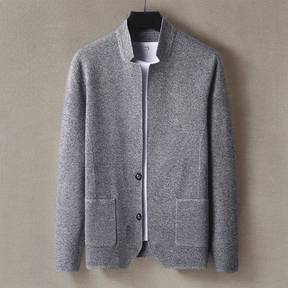 Men's gray cashmere knit slim cardigan with stand collar and deep pockets for refined layering