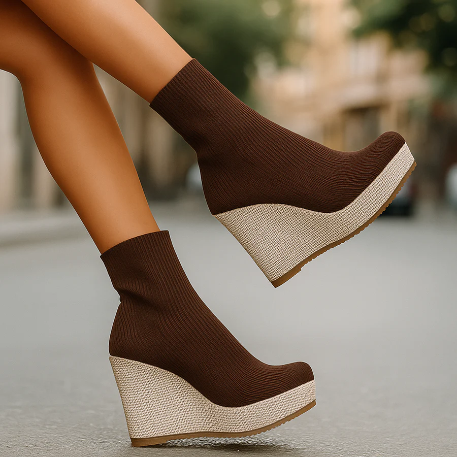 Bellastra sock-fit knit platform wedge boots in sleek stretch fabric with bold elevated sole