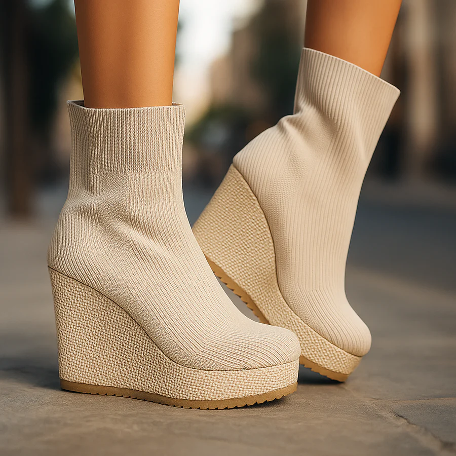 Bellastra black sock-fit knit platform wedge boots with bold chunky sole for elevated style