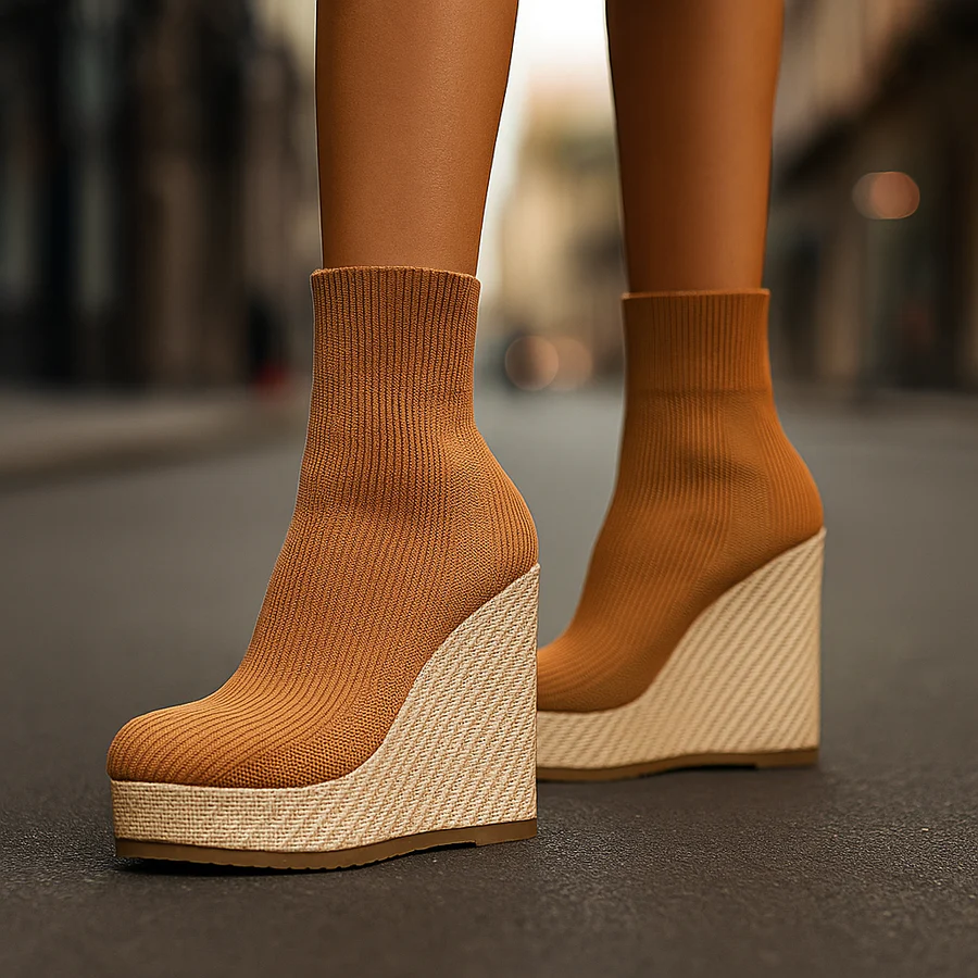 Bellastra sock-fit knit platform wedge boots in sleek stretch fabric with bold elevated sole