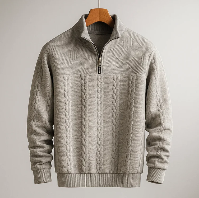 Preston cable-knit sweater in jacquard cotton with quarter-zip collar and relaxed retro fit