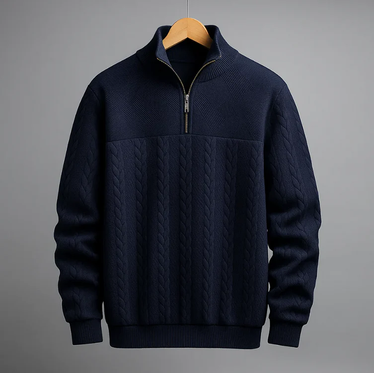 Preston cable-knit sweater in jacquard cotton with quarter-zip collar and relaxed retro fit