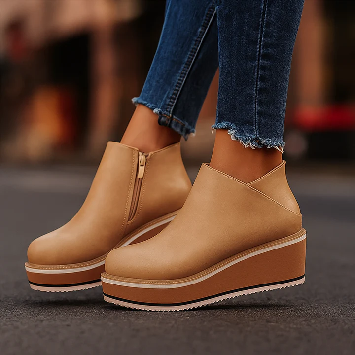 Women's beige soft leather platform boots with elevated sole and sleek minimalist silhouette