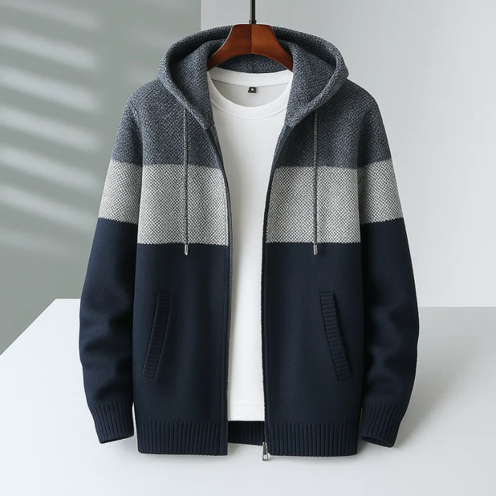 Men's color block knit zip hoodie fleece lined warm hooded sweatshirt street style layering