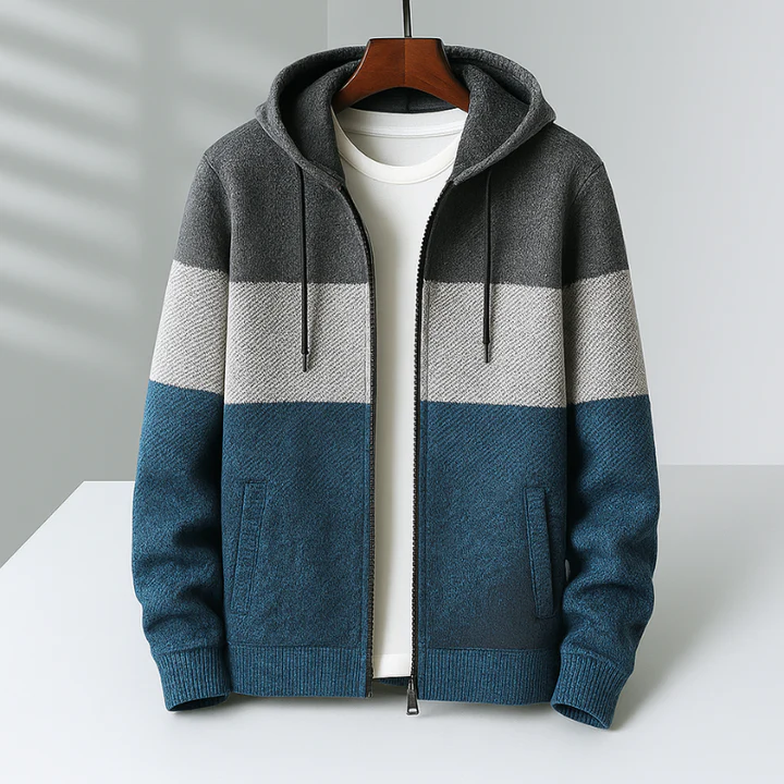 Men's color block knit zip hoodie fleece lined hooded sweatshirt warm street style layering